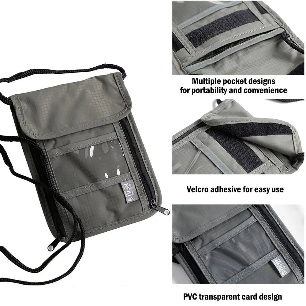 RFID Passport ID Bag Waterproof Document Pouch Passport Bag Neck Wallet Packet ID Credit Card Holder