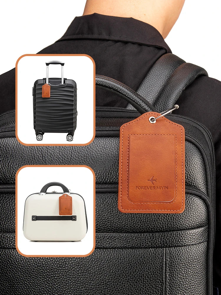 PU leather luggage tag with anti loss wire rope loop and built-in privacy protection cover