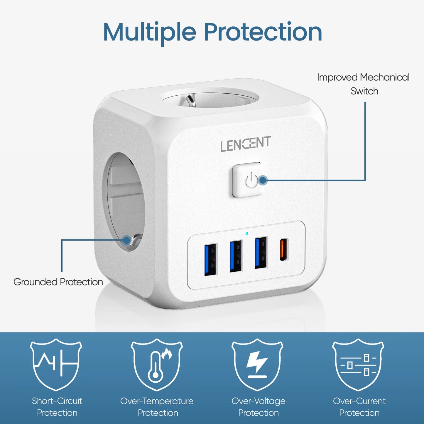 EU Plug Power Strip with 3 AC Outlets +3 USB Charging Ports+ 1 Type C 5V 2.4A Adapter 7-in-1 Plug Socket On/Off Switch