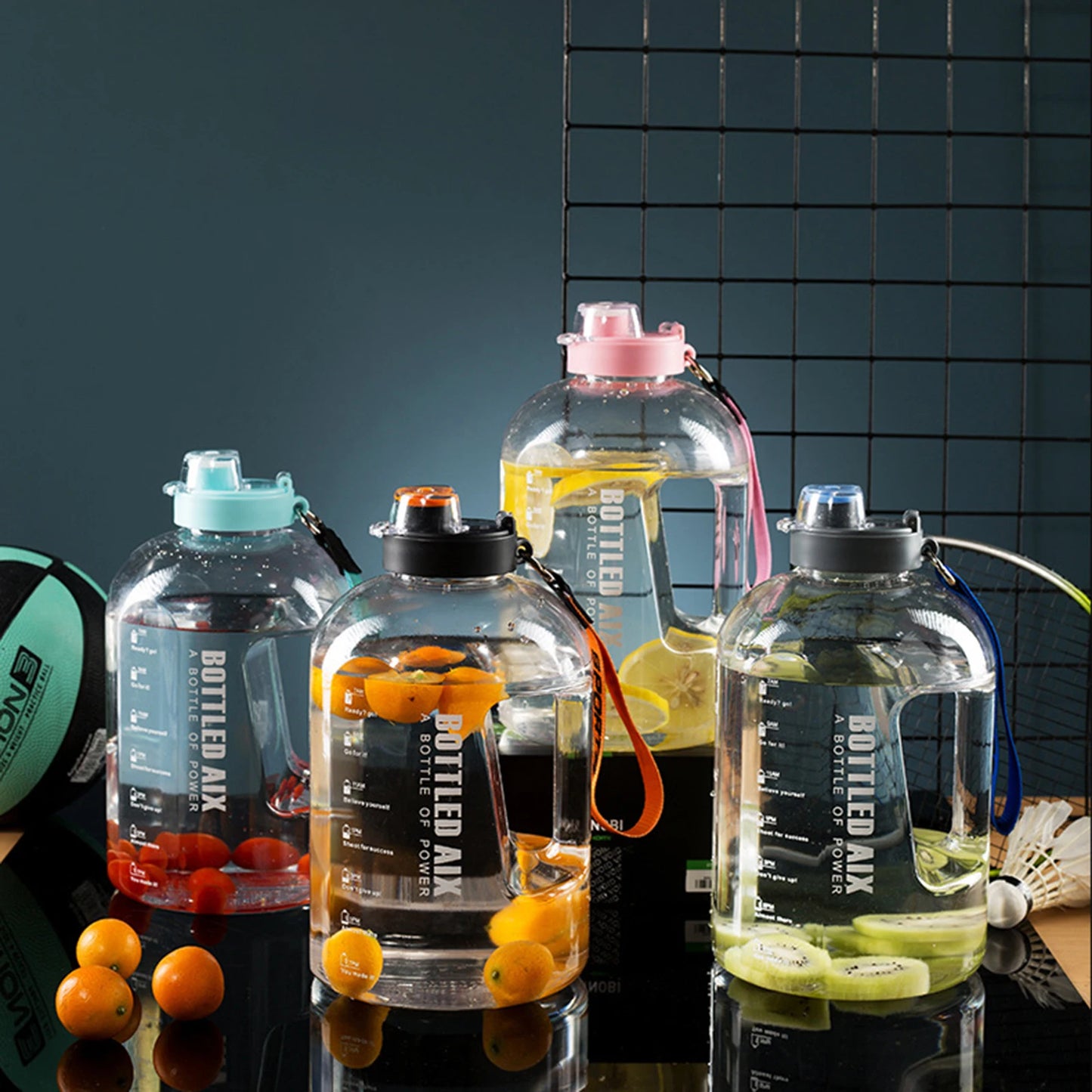 2200ML Large Capacity Color Water Bottle with Time Marker, Handle Strap Wide Mouth Opening