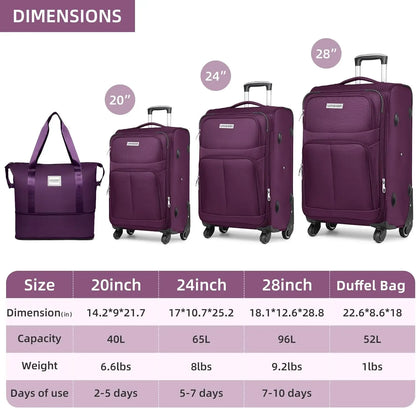 Softside Luggage Sets 4 Piece with Duffel Bag, Expandable Rolling Suitcases Set and Spinner Wheels