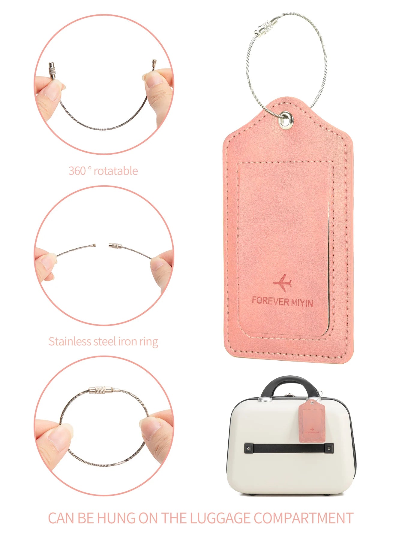 PU leather luggage tag with anti loss wire rope loop and built-in privacy protection cover
