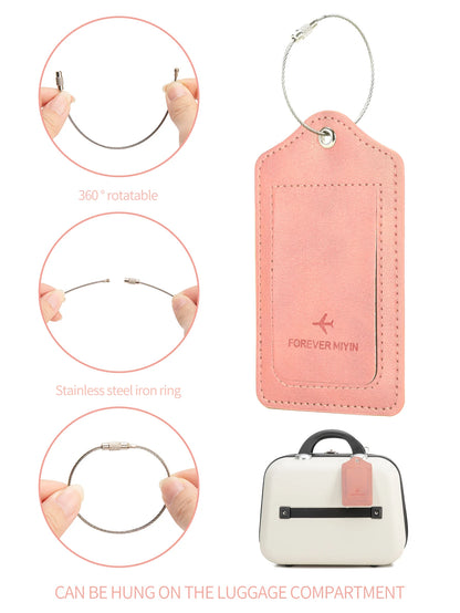 PU leather luggage tag with anti loss wire rope loop and built-in privacy protection cover