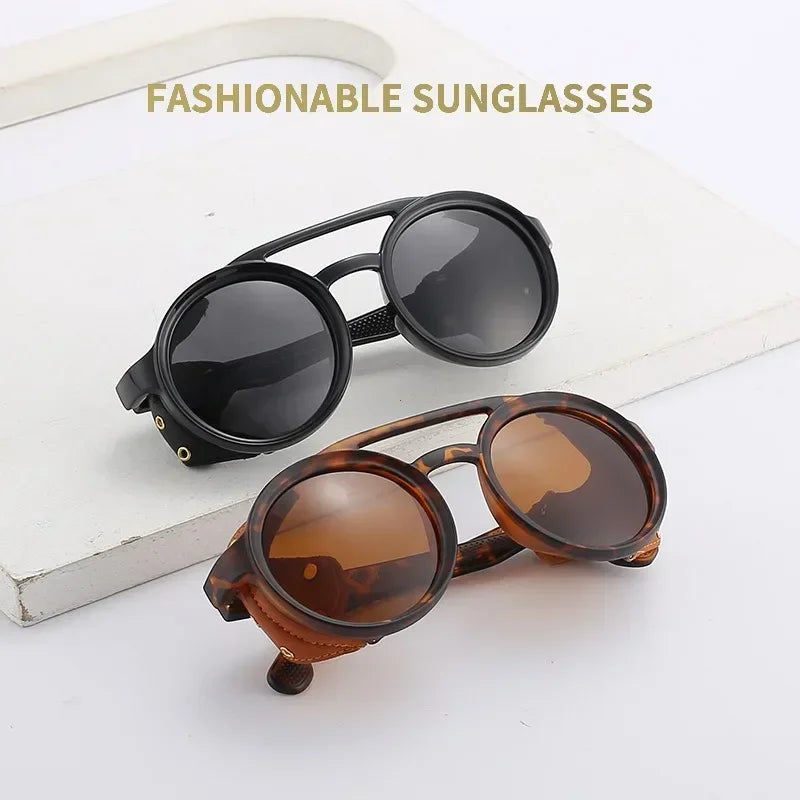 Round Steampunk Shields Sunglasses With Side Leather attachment