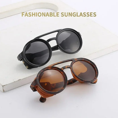 Round Steampunk Shields Sunglasses With Side Leather attachment