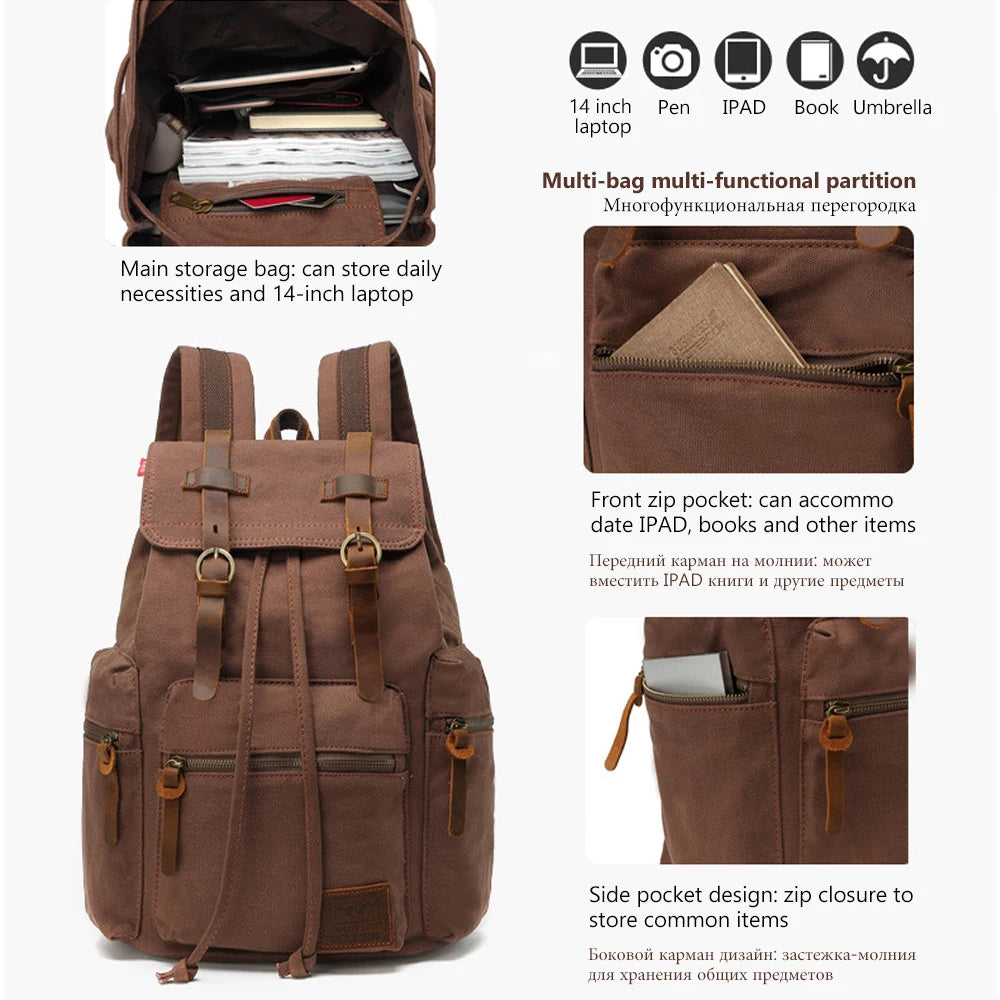 14 Inch Retro Canvas Wear-resistant Vintage Laptop Backpack