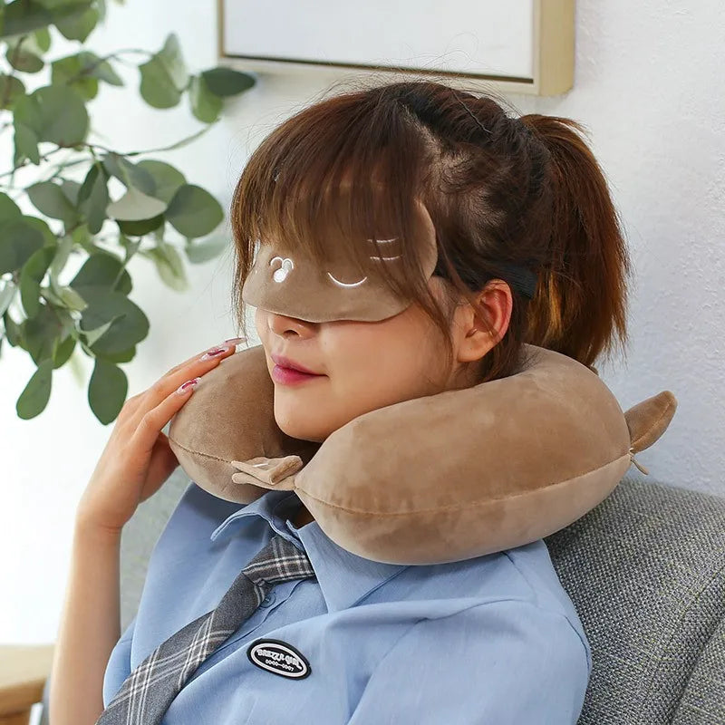 Cartoon Neck Pillow with Sleep Mask Memory Cotton U-shaped Soft Travel Pillow