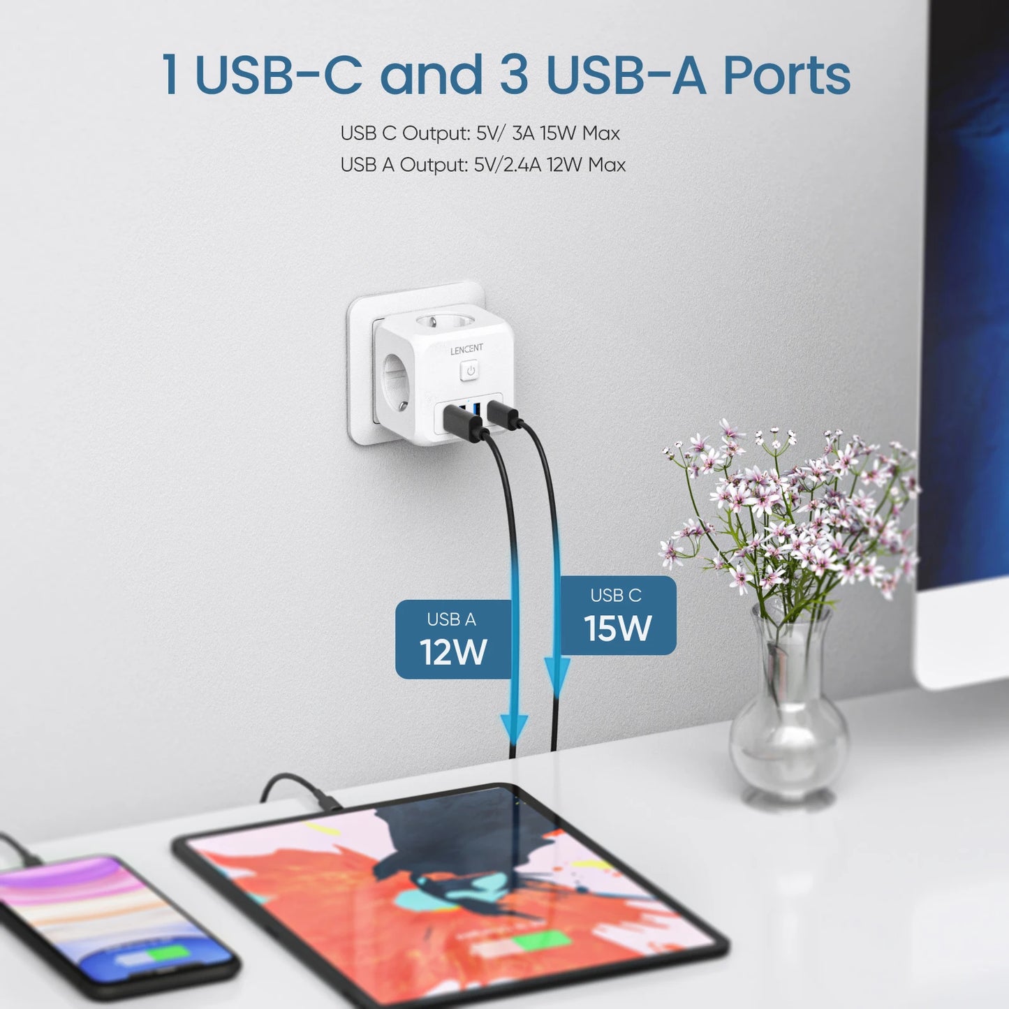 EU Plug Power Strip with  3 AC Outlets +3 USB Charging Ports+ 1 Type C 5V 2.4A  Adapter 7-in-1 Plug Socket On/Off Switch