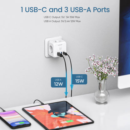 EU Plug Power Strip with  3 AC Outlets +3 USB Charging Ports+ 1 Type C 5V 2.4A  Adapter 7-in-1 Plug Socket On/Off Switch