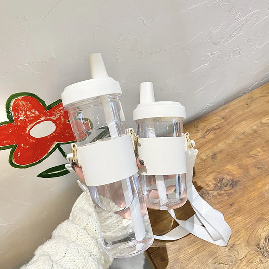 Cute Pearl Boba Milk Tea Plastic Water Bottle With Leather Case BPA Free