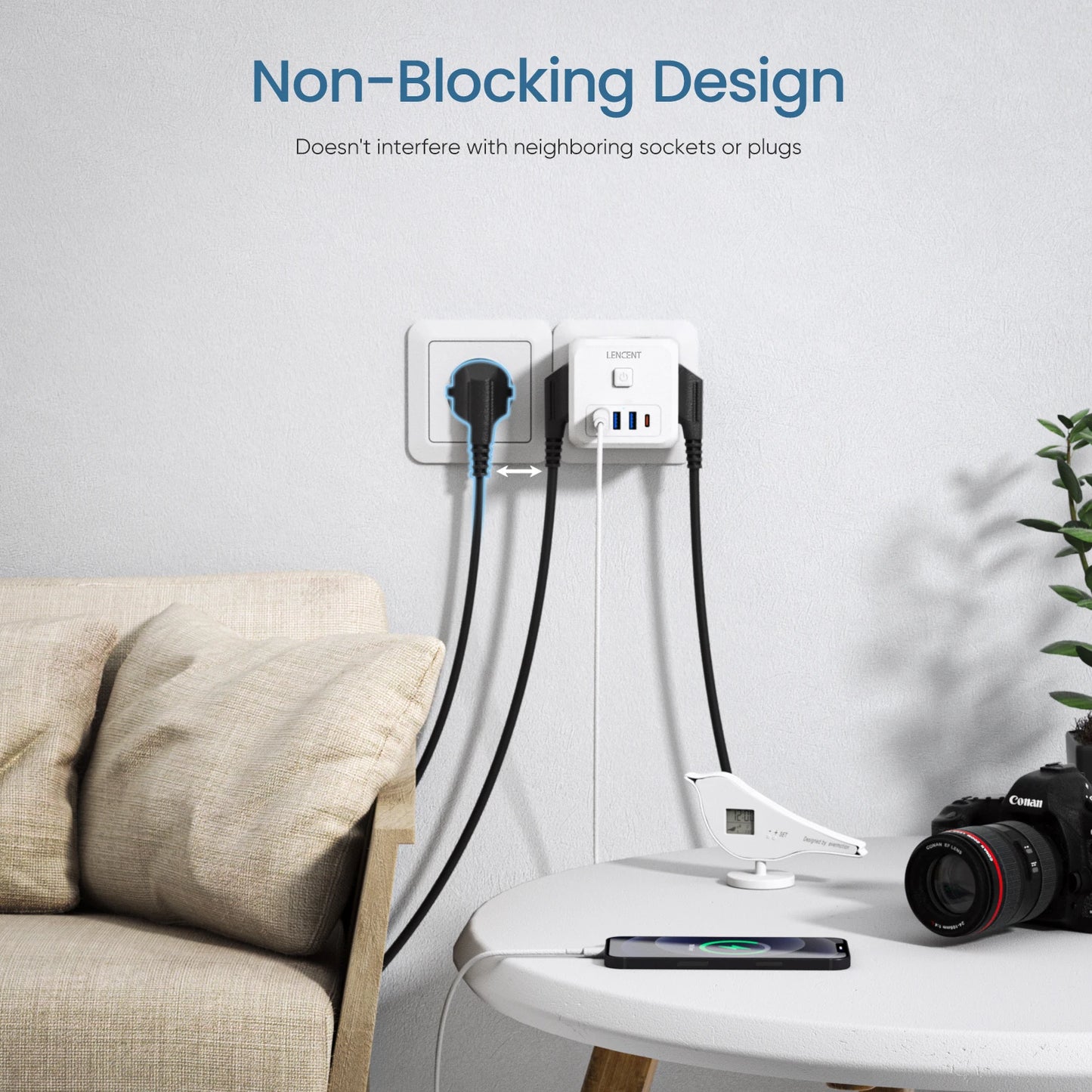 EU Plug Power Strip with  3 AC Outlets +3 USB Charging Ports+ 1 Type C 5V 2.4A  Adapter 7-in-1 Plug Socket On/Off Switch