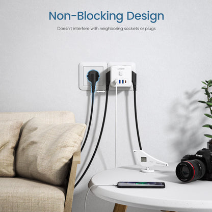 EU Plug Power Strip with  3 AC Outlets +3 USB Charging Ports+ 1 Type C 5V 2.4A  Adapter 7-in-1 Plug Socket On/Off Switch