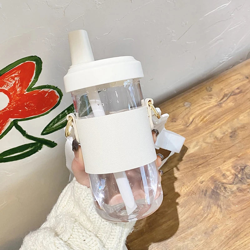 Cute Pearl Boba Milk Tea Plastic Water Bottle With Leather Case BPA Free