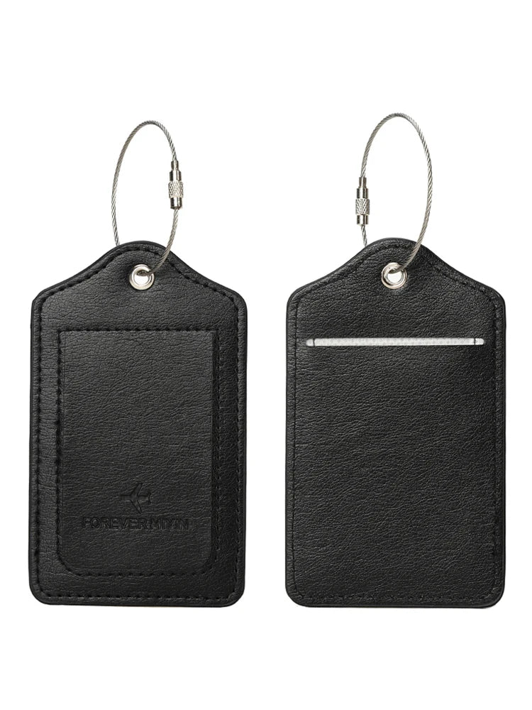 PU leather luggage tag with anti loss wire rope loop and built-in privacy protection cover