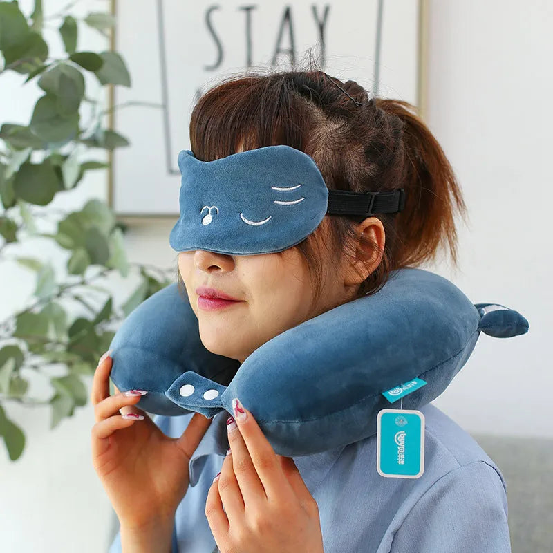 Cartoon Neck Pillow with Sleep Mask Memory Cotton U-shaped Soft Travel Pillow