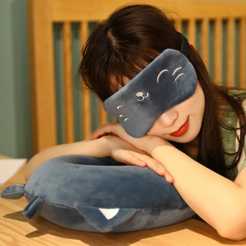 Cartoon Neck Pillow with Sleep Mask Memory Cotton U-shaped Soft Travel Pillow