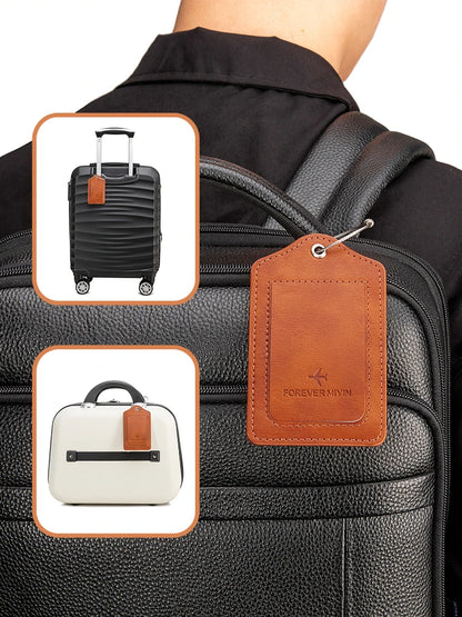 PU leather luggage tag with anti loss wire rope loop and built-in privacy protection cover