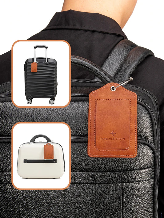 PU leather luggage tag with anti loss wire rope loop and built-in privacy protection cover