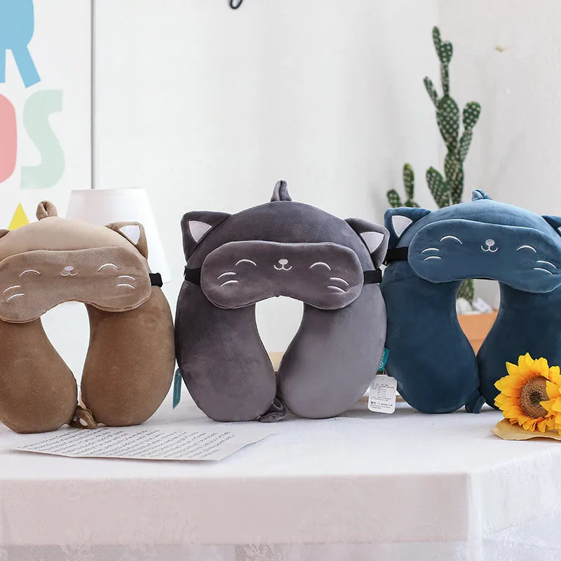 Cartoon Neck Pillow with Sleep Mask Memory Cotton U-shaped Soft Travel Pillow