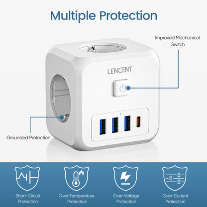 EU Plug Power Strip with  3 AC Outlets +3 USB Charging Ports+ 1 Type C 5V 2.4A  Adapter 7-in-1 Plug Socket On/Off Switch
