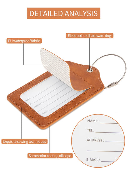 PU leather luggage tag with anti loss wire rope loop and built-in privacy protection cover