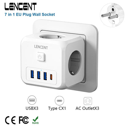 EU Plug Power Strip with  3 AC Outlets +3 USB Charging Ports+ 1 Type C 5V 2.4A  Adapter 7-in-1 Plug Socket On/Off Switch