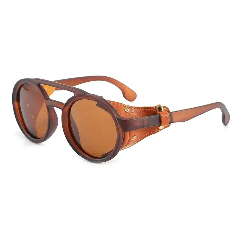 Round Steampunk Shields Sunglasses With Side Leather attachment