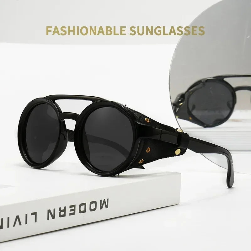 Round Steampunk Shields Sunglasses With Side Leather attachment
