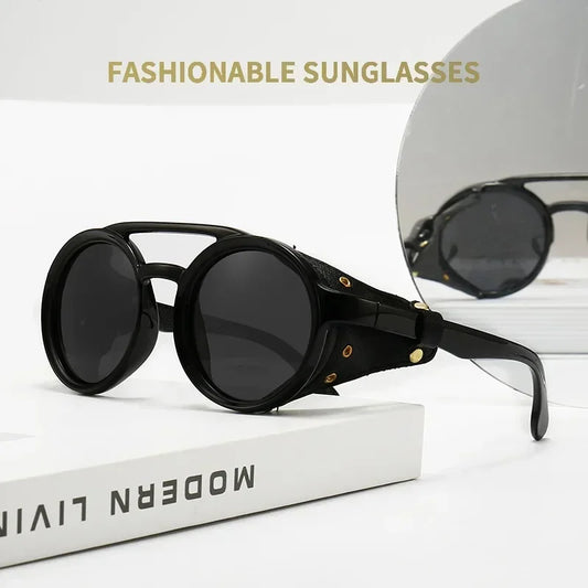 Round Steampunk Shields Sunglasses With Side Leather attachment