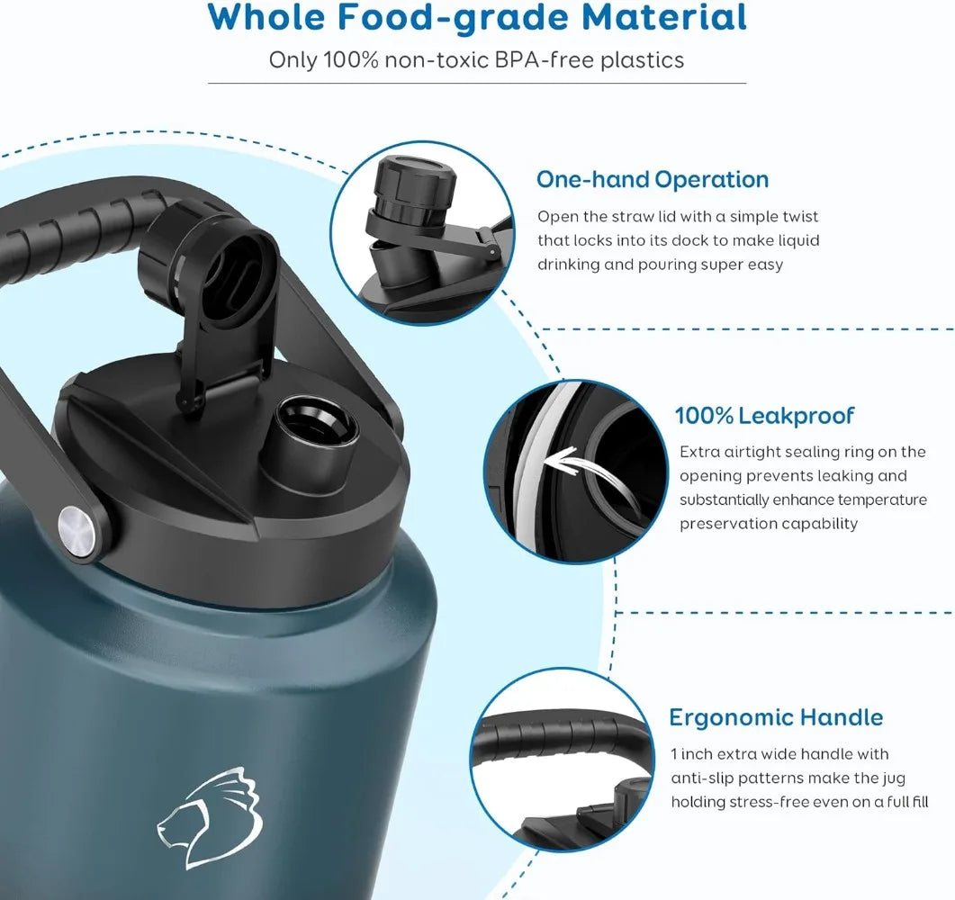 One Gallon Vacuum Insulated 18/8 Food-Grade Stainless Steel Jug, with 2 Stainless Steel cups