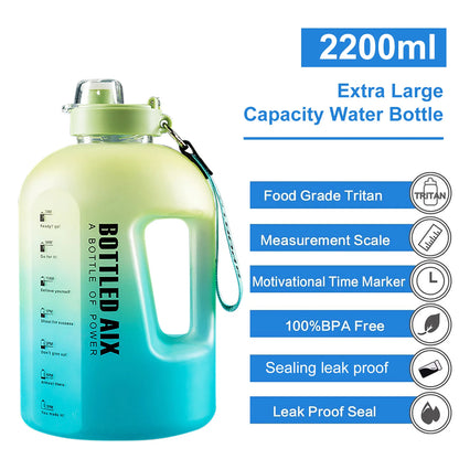 2200ML Large Capacity Color Water Bottle with Time Marker, Handle Strap Wide Mouth Opening