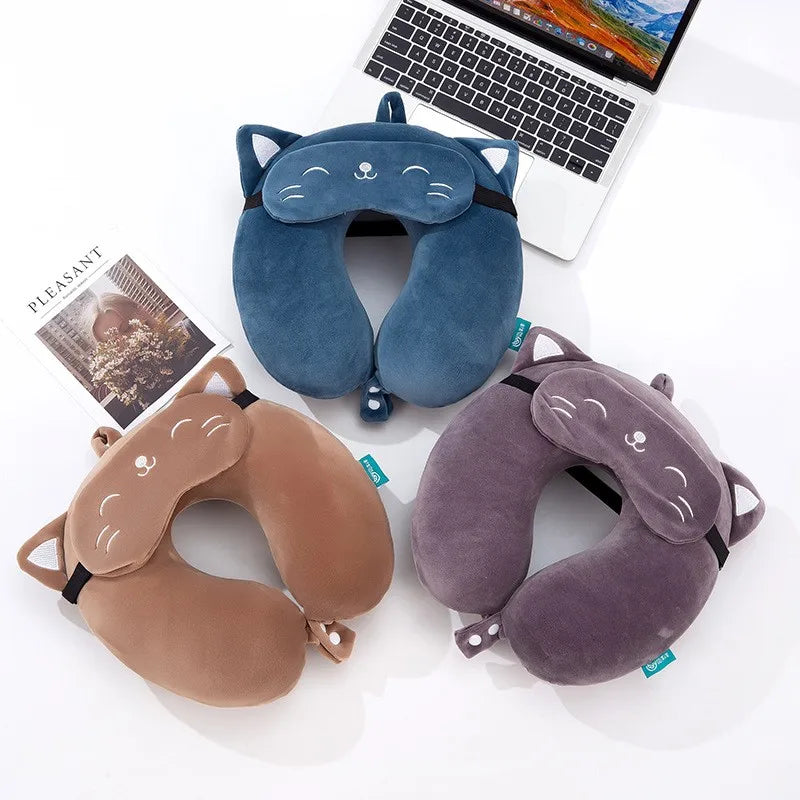 Cartoon Neck Pillow with Sleep Mask Memory Cotton U-shaped Soft Travel Pillow