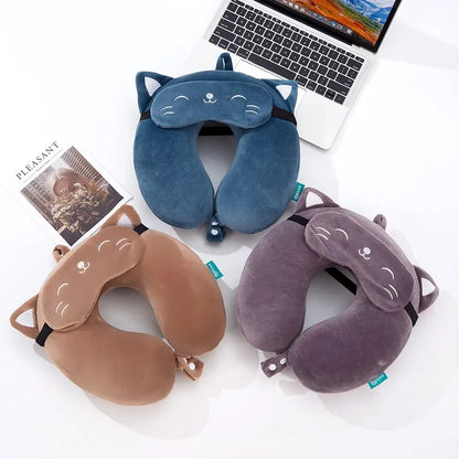 Cartoon Neck Pillow with Sleep Mask Memory Cotton U-shaped Soft Travel Pillow