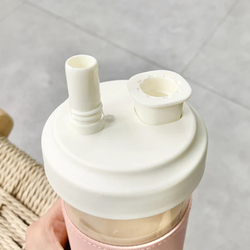 Cute Pearl Boba Milk Tea Plastic Water Bottle With Leather Case BPA Free
