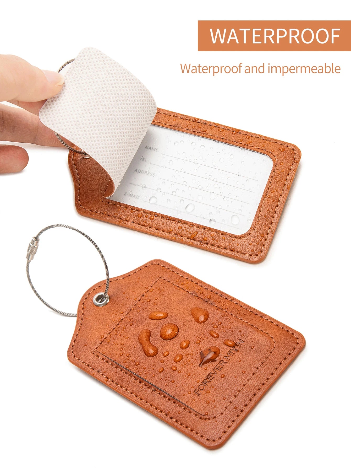 PU leather luggage tag with anti loss wire rope loop and built-in privacy protection cover