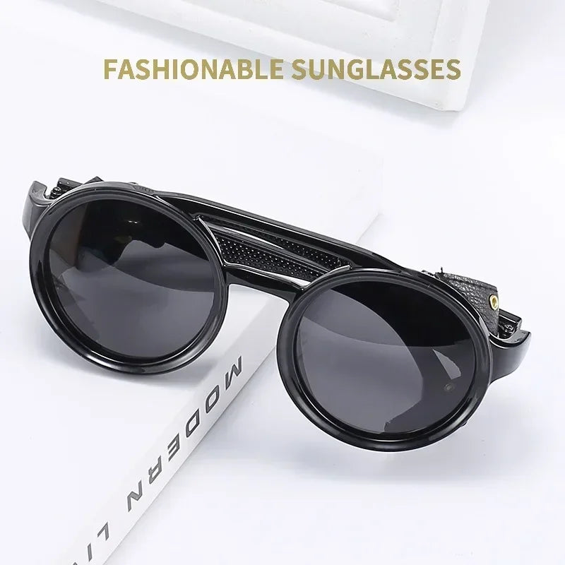 Round Steampunk Shields Sunglasses With Side Leather attachment