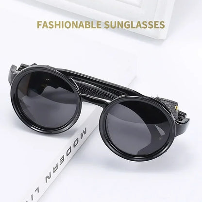 Round Steampunk Shields Sunglasses With Side Leather attachment