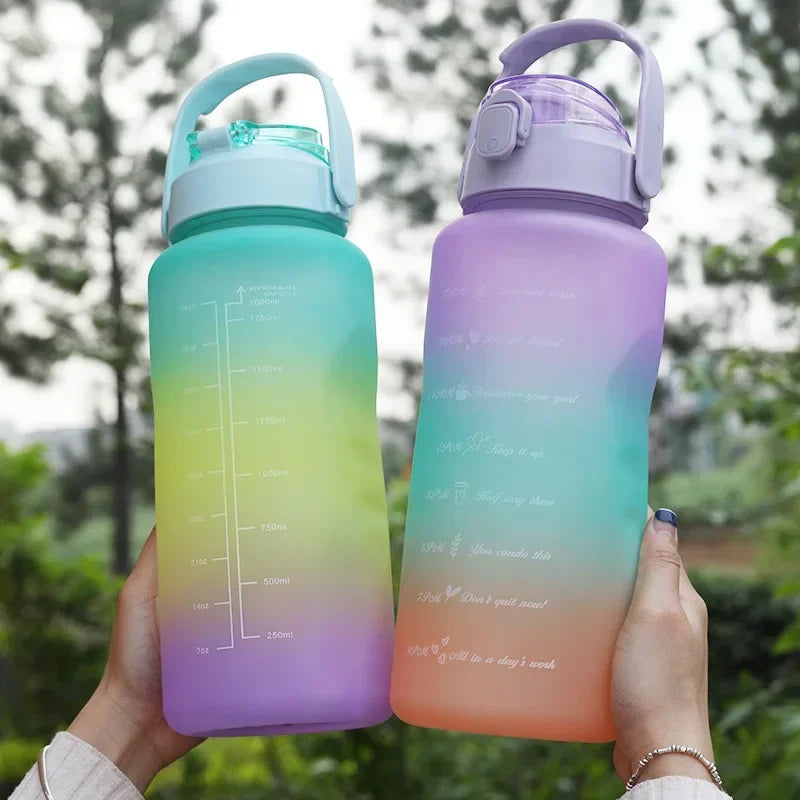 2000ml Portable Gradient Plastic Water Bottle with Straw