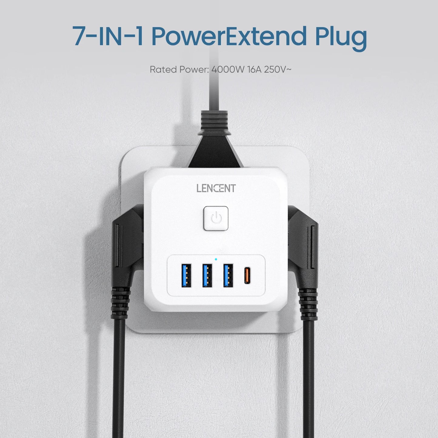 EU Plug Power Strip with  3 AC Outlets +3 USB Charging Ports+ 1 Type C 5V 2.4A  Adapter 7-in-1 Plug Socket On/Off Switch